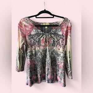 dressbarn Floral Pink and Gray Blouse